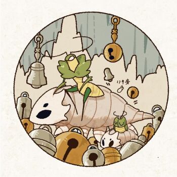 1boy arthropod_boy bell_beast_(hollow_knight) cogfly_(hollow_knight) colored_skin commentary dated empty_eyes english_commentary green_prince_(hollow_knight) green_skin highres hollow_knight hollow_knight:_silksong insomnine111 mantis_boy riding riding_animal robot white_eyes white_mask