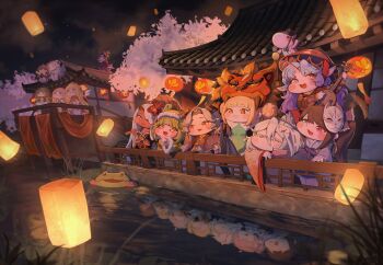 6+girls absurdres ahoge aya_(trickcal) blonde_hair blue_eyes blue_hair brown_eyes brown_hair chibi chibi_only commentary_request daya_(trickcal) demon_girl demon_horns demon_wings different_reflection epica_(trickcal) erpin_(trickcal) frog green_eyes green_hair grey_hair grin heterochromia highres horns japanese_clothes joanne_(trickcal) kidian_(trickcal) kimono kommy_(trickcal) korean_commentary ky_dako lantern leone_(trickcal) multiple_girls new_year orange_eyes paper_lantern pink_eyes pink_hair pointy_ears purple_eyes red_eyes reflection scenery shrine smile speaki_(trickcal) star-shaped_pupils star_(symbol) symbol-shaped_pupils temple trickcal ui_(trickcal) unicorn_girl unicorn_horn vivi_(trickcal) white_hair wings xion_(trickcal) yellow_eyes yumimi_(trickcal)