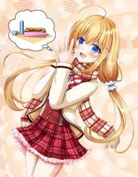 1girl :d absurdres ahoge blonde_hair blue_eyes blush bow bowtie commentary_request cookie cowboy_shot diagonal-striped_bow diagonal-striped_bowtie diagonal-striped_clothes dutch_angle floating_hair food frilled_skirt frills fringe_trim hair_between_eyes hair_ornament hair_scrunchie hanasaki_work_spring hands_up happy highres huge_ahoge jacket kotobuki_hikari long_hair long_sleeves low_twintails miniskirt n_rinkoro open_mouth orange_background outstretched_hand own_hands_together plaid_clothes plaid_scarf plaid_skirt pleated_skirt scarf school_uniform scrunchie sidelocks simple_background skirt smile solo speech_bubble spoken_object star_(symbol) star_symbol_background steepled_fingers striped_bow striped_bowtie striped_clothes thought_bubble twintails very_long_hair white_scrunchie yellow_jacket