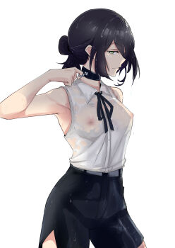 1girl absurdres armpits artist_name black_choker black_hair black_ribbon black_shorts breasts chainsaw_man choker closed_mouth collared_shirt commentary covered_erect_nipples cowboy_shot english_commentary green_eyes grenade_pin hair_between_eyes hair_bun highres inverted_nipples looking_at_viewer medium_breasts neck_ribbon nipples pulling reze_(chainsaw_man) ribbon rroar8 see-through_clothes shirt shirt_tucked_in short_hair shorts simple_background single_hair_bun smile smirk solo wet wet_clothes wet_hair wet_shirt white_background white_shirt wing_collar