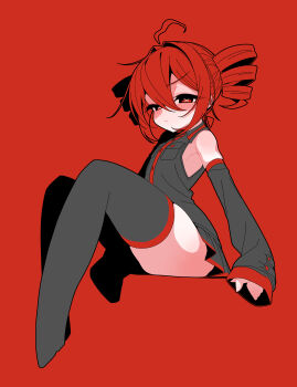 1girl absurdres ahoge banananosongen boots commentary detached_sleeves drill_hair full_body highres invisible_chair kasane_teto kasane_teto_(utau) looking_at_viewer miniskirt red_background red_eyes red_hair shirt simple_background sitting skirt sleeveless sleeveless_shirt solo thigh_boots twin_drills utau