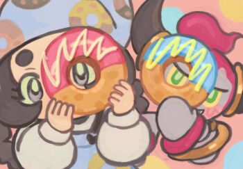 1girl ansha_(pokemon) apron black_hair donut food frosting gen_6_pokemon grey_eyes headscarf hoopa hoopa_(confined) legendary_pokemon looking_at_viewer mythical_pokemon pokemon pokemon_legends:_z-a solo upper_body yueyue730