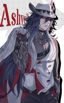 Rule 34 | 1boy, aiji 0729, arm belt, arm tattoo, ashveil (honkai: star rail), black hair, bracelet, bright pupils, chain, commentary, english commentary, fedora, gradient hair, grey eyes, hair between eyes, hat, hat ornament, highres, honkai: star rail, honkai (series), jacket, jewelry, long hair, looking at viewer, male focus, multicolored hair, necklace, pants, parted lips, strap, tattoo, toned, toned male, turtleneck, very long hair, vest, waistcoat