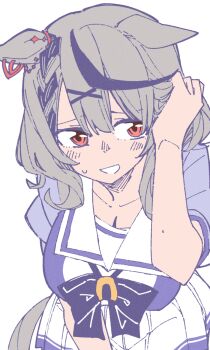 Rule 34 | absurdres, animal ears, bow, bowtie, collarbone, grey hair, hair ornament, highres, hololive, horse ears, horse girl, horse tail, multicolored hair, purple bow, purple bowtie, purple shirt, red eyes, sailor collar, sailor shirt, sakamata chloe, school uniform, shirt, spynai (klimatic), streaked hair, tail, tracen academy, tracen school uniform, umamusume, virtual youtuber, x hair ornament