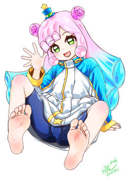 1girl barefoot blue_eyes commentary_request gradient_hair highres monster_girl multicolored_hair open_mouth pink_hair puniru_(puniru_wa_kawaii_slime) puniru_wa_kawaii_slime shirantakashi signature sitting slime_girl smile soles solo waving