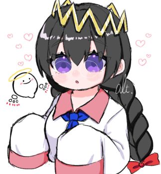Rule 34 | 1girl, alt 0218, black hair, bow, crown, glasses, hair bow, halo, heart, highres, kirby (series), kirby 64, long hair, nintendo, purple eyes, red bow, ripple star queen, simple background, sleeves past fingers, sleeves past wrists, white background, zero two (kirby)