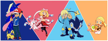 2boys 2girls ash_ketchum baseball_cap black_hair blonde_hair blue_eyes blue_jumpsuit bonnie_(pokemon) brown_eyes clemont_(pokemon) colored_sclera crossed_arms dedenne dress fang gen_1_pokemon gen_4_pokemon gen_6_pokemon glasses greninja hat highres jumpsuit legendary_pokemon luxray multiple_boys multiple_girls nintendo pikachu pokemon pokemon_(anime) pokemon_xy_(anime) ponytail red_sclera serena_(pokemon) shibainu_(pom_pomta) side_ponytail sylveon yellow_eyes zygarde zygarde_core