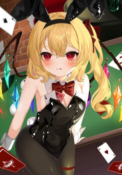 1girl ;p absurdres ace_(playing_card) ace_of_hearts ace_of_spades alternate_costume animal_ear_hairband animal_ears black_hairband black_leotard black_pantyhose blonde_hair blush bow bowtie breasts card cleavage detached_collar double-parted_bangs fake_animal_ears fake_tail flandre_scarlet four_of_diamonds hair_bow hairband heart highres leotard long_hair looking_at_viewer okome2028 one_eye_closed pantyhose playboy_bunny playing_card pool_table rabbit_ear_hairband rabbit_ears rabbit_tail red_bow red_bowtie red_eyes solo spade_(shape) table tail thigh_strap tongue tongue_out touhou two_of_hearts wrist_cuffs