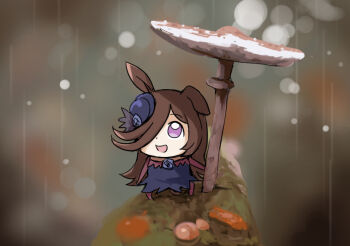 1girl :d animal_ears blue_dress blue_hat blurry blurry_background bokeh brown_hair check_commentary chibi commentary commentary_request depth_of_field dress hair_over_one_eye hat horse_ears horse_girl koropokkuru long_hair mini_hat mini_person minigirl mushroom open_mouth outdoors pink_eyes rain rice_shower_(rosy_dreams)_(umamusume) rice_shower_(umamusume) smile solo spores tenten_(chan4545) umamusume