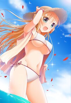 Rule 34 | 1girl, adjusting clothes, adjusting headwear, araragi ayune, bikini, bikini day, blonde hair, blue sky, breasts, brown hat, brown jacket, commentary request, cowboy shot, green eyes, hat, isshiki-san wa koi wo shiritai., jacket, large breasts, long hair, navel, open mouth, red trim, rinna milford, side-tie bikini bottom, sky, sleeveless, sleeveless jacket, smile, solo, string bikini, sun hat, swimsuit, wading, water, white bikini