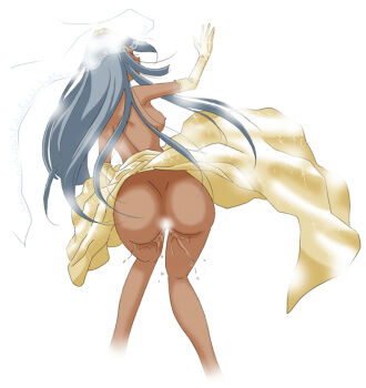 Rule 34 | 1girl, ass, bare back, breasts, code geass, dark-skinned female, dark skin, dress, elbow gloves, female ejaculation, female focus, gloves, grey hair, long hair, nipples, simple background, solo, studio waltz, villetta nu, white background