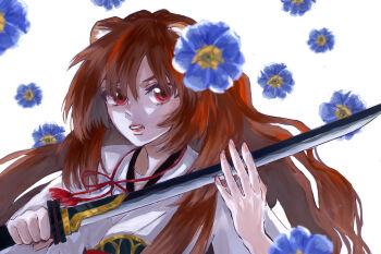 1girl absurdres animal_ear_fluff animal_ears blue_flower brown_hair clenched_teeth collar commentary_request eyelashes falling_flower flower hair_between_eyes hair_over_eyes hand_on_blade hands_up highres holding holding_sword holding_weapon katana kosode lips long_hair neck_tassel pink_nails primrose_(flower) raccoon_ears raccoon_girl raphtalia red_eyes solo sword tassel tate_no_yuusha_no_nariagari teeth ttparrot v-shaped_eyebrows vassal_katana_(beginner&#039;s_katana)_(tate_no_yuusha_no_nariagari) vassal_katana_(tate_no_yuusha_no_nariagari) wavy_hair weapon white_background white_kosode