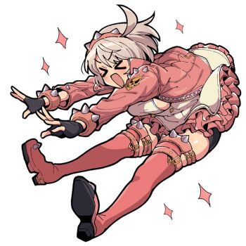 >_< 1girl :d black_gloves boots breasts closed_eyes commentary dress elphelt_valentine fingerless_gloves frilled_dress frills full_body gloves grey_hair guilty_gear guilty_gear_strive hairband itsuka_neru jacket large_breasts long_sleeves open_clothes open_jacket open_mouth pink_boots pink_hairband pink_jacket short_hair simple_background smile solo sparkle spiked_hairband spikes symbol-only_commentary thigh_boots white_background white_dress