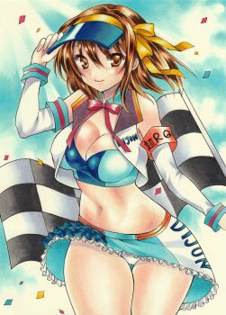 Rule 34 | 1girl, absurdres, breasts, brown eyes, brown hair, chibi neko, cleavage, highres, large breasts, looking at viewer, navel, panties, pantyshot, race queen, ribbon, short hair, skirt, smile, solo, suzumiya haruhi, suzumiya haruhi no yuuutsu, underwear, yellow ribbon