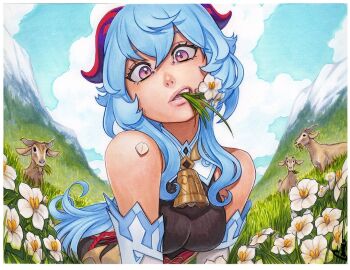 Rule 34 | 1girl, animal, bell, black eyes, blue hair, blue sky, bodystocking, breasts, cloud, commentary, cowbell, english commentary, flower, flower in mouth, ganyu (genshin impact), genshin impact, goat, hair between eyes, head tilt, horns, leaning forward, long hair, looking at viewer, medium breasts, omar dogan, petals, purple eyes, qingxin flower, sky, solo, traditional media, very long hair, white flower