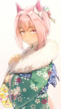 1girl animal_ears bag blush bow closed_mouth commentary_request ear_bow ear_covers floral_print floral_print_kimono flower-shaped_pupils flower_in_eye green_kimono hair_bun hair_ornament hair_stick handbag haru_urara_(bestest_prize)_(umamusume) haru_urara_(umamusume) highres holding horse_ears horse_girl japanese_clothes kimono long_sleeves obi orusun pink_eyes pink_hair print_kimono sash smile solo symbol-shaped_pupils symbol_in_eye umamusume upper_body wide_sleeves