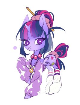 animal animal_focus animalization bandaid bandaid_on_leg bead_choker beads black_hair blunt_bangs bright_pupils closed_mouth clothed_animal coin commentary cutie_mark english_commentary expressionless eyelashes feathered_wings gold_coin hair_bun hair_ornament hair_scrunchie highres holed_coin jacket jewelry leg_up leg_warmers long_sleeves multicolored_hair my_little_pony my_little_pony:_equestria_girls my_little_pony:_friendship_is_magic necklace no_humans parted_bangs pencil pencil_in_hair pink_hair pink_scrunchie puffy_long_sleeves puffy_sleeves purple_eyes purple_hair purple_jacket sci-twi scrunchie short_hair simple_background single_hair_bun snout solo sparkle_print sweater_jacket tail_scrunchie twilight_sparkle unicorn white_background white_leg_warmers white_pupils wikate winged_unicorn wings