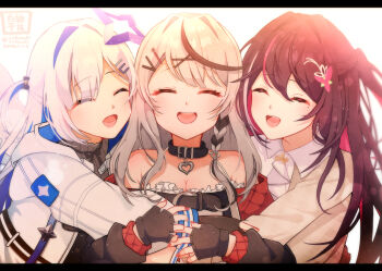 3girls :d ^_^ amane_kanata amane_kanata_(work) artist_name azki_(4th_costume)_(hololive) azki_(hololive) belt_collar black_choker black_gloves black_hair blue_hair blue_halo blush breasts camisole choker cleavage closed_eyes collar collared_dress commentary_request dated dress fingerless_gloves fingernails frilled_camisole frills gloves grey_hair hair_intakes hair_ornament hairclip halo heart heart_choker hololive jacket kanata_kensetsu letterboxed mole mole_under_eye multicolored_hair multiple_girls official_alternate_costume official_alternate_hairstyle open_mouth pink_hair red_nails sakamata_chloe sakamata_chloe_(1st_costume) satsuki_(pixiv_742410) smile streaked_hair teeth tongue upper_teeth_only virtual_youtuber white_background white_camisole white_hair white_jacket x_hair_ornament