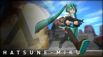 1girl 3d aqua_eyes aqua_hair black_boots black_skirt black_sleeves blue_sky blurry blurry_background boots character_name cloud colored_shoe_soles commentary crossfire_(map) desert detached_sleeves english_commentary explosion frown full_body game_screenshot_background grey_shirt gun h&amp;k_mp5 half-life half-life_(series) half-life_1 hatsune_miku headphones highres holding holding_weapon long_hair low_poly mountain mountainous_horizon pleated_skirt running screenshot_background shirt skirt sky sleeveless sleeveless_shirt solo submachine_gun thigh_boots twintails v-shaped_eyebrows very_long_hair vocaloid weapon xinus22