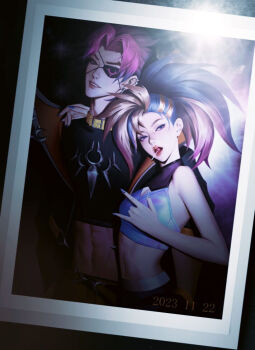 Rule 34 | 1boy, 1girl, akali, arm around neck, bare arms, belt collar, bishounen, black pants, black shirt, blue eyes, blue hair, blue nails, blue shirt, candy, collar, commentary, crop top, cropped jacket, cropped shirt, dated, dress, eyepatch, fake photograph, food, gradient background, grey eyes, heartsteel (league of legends), heartsteel kayn, jacket, k/da all out akali, kayn (league of legends), lapels, league of legends, lee (doollyss), lollipop, long hair, looking at viewer, m/, midriff, mouth hold, navel, open mouth, pants, parted lips, photo (object), pink hair, polaroid photo, print eyepatch, shirt, sleeveless, sleeveless dress, teeth, true damage (league of legends), two-sided fabric, two-sided jacket, yellow collar