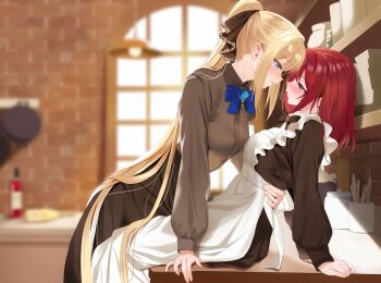 2girls apron bagel_sandica black_dress blue_bow blue_bowtie blue_brooch blue_eyes blurry blurry_background blush bow bowtie brown_shirt closed_mouth collared_shirt commentary_request dress hand_on_another&#039;s_waist highres indoors kitchen long_hair long_sleeves looking_at_another maid maid_apron master_and_servant multiple_girls parted_lips ponytail purple_eyes red_hair shirt shoujo_no_nozomanu_eiyuutan very_long_hair white_apron yuri
