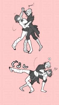 !? 1boy 1girl arm_around_waist ayase_momo barefoot black_choker black_pants blush bow bowtie breasts choker closed_eyes couple dancing dandadan dip_(dance_move) earrings facial_mark full_body glasses hair_between_eyes heart hetero highres holding_hands interlocked_fingers jewelry loose_socks medium_breasts medium_hair monochrome multiple_views pants pants_rolled_up parted_bangs pink_background pleated_skirt sa_h_a_ra school_uniform short_hair skirt socks spoken_heart super_blackjack sweater takakura_ken_(dandadan) takakura_ken_(transformed)_(dandadan)