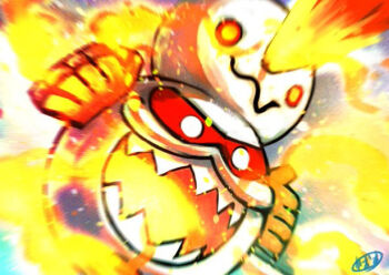 Rule 34 | commentary request, embers, empty eyes, fire, galarian darmanitan, galarian darmanitan (zen), galarian form, gen 8 pokemon, glowing mouth, kaosu (kaosu0905), nintendo, no humans, open mouth, pokemon, pokemon (creature), pokemon focus, sharp teeth, signature, solo, teeth