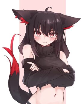 1girl ahoge alternate_costume animal_ear_fluff animal_ears bare_shoulders black_hair black_tail blush commentary_request crossed_arms crossed_bangs dark_persona detached_sleeves double-parted_bangs extra_ears fox_ears fox_girl fox_tail highres hololive kurokami_fubuki long_hair looking_at_viewer low-tied_long_hair multicolored_tail navel pink_background pout red_eyes red_tail sidelocks simple_background solo sweater tail tensann3 torn_clothes turtleneck turtleneck_sweater two-tone_background upper_body virtual_youtuber white_background