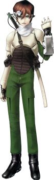Rule 34 | 1boy, absurdres, armor, brown hair, commentary, comp (megami tensei), computer, english commentary, full body, grey eyes, gun, headgear, highres, holster, katana, kazuma kaneko, kazuya (megami tensei), male focus, official art, scan, shin megami tensei, shin megami tensei i, simple background, solo, standing, sword, third-party source, transparent background, weapon