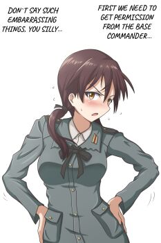 1girl absurdres blush breasts brown_eyes brown_hair confession gertrud_barkhorn hands_on_own_hips hattorin highres large_breasts long_hair looking_at_viewer military_uniform open_mouth solo strike_witches twintails upper_body world_witches_series