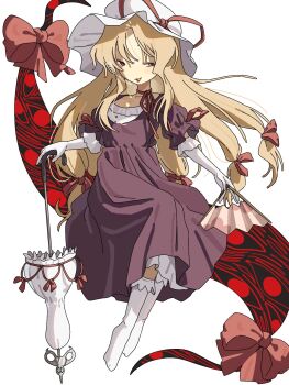 Rule 34 | 1girl, blonde hair, bow, commentary request, dress, elbow gloves, facing viewer, frilled socks, frills, full body, gap (touhou), gloves, hair bow, hand fan, hat, hat bow, highres, holding, holding fan, holding umbrella, legs together, long hair, low-tied long hair, low ponytail, mob cap, mozupoko, multiple hair bows, neck ribbon, parted lips, plantar flexion, ponytail, puffy short sleeves, puffy sleeves, purple dress, purple eyes, red bow, ribbon, short sleeves, sideways glance, sitting, socks, solo, touhou, twisted torso, umbrella, white background, white gloves, white hat, white socks, yakumo yukari