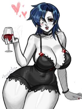 alcohol blue_hair blush bracelet breasts choker collarbone covered_navel cowboy_shot cup drinking_glass hair_down heart highres jewelry large_breasts lips lipstick long_hair looking_at_viewer makeup mooo_sann nail_polish nightgown official_alternate_costume parted_lips red_lips red_nails scar scar_across_eye scar_on_face scar_on_mouth skullgirls smile thick_thighs thighs underwear valentine_(skullgirls) wide_hips wine wine_glass