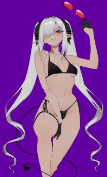 Rule 34 | 1girl, absurdres, alternate costume, anemoneeanemone, bare arms, bare legs, bare shoulders, bikini, black bikini, black gloves, black ribbon, blue archive, breasts, collarbone, dark-skinned female, dark skin, demon tail, feet out of frame, foreshortening, gloves, grey hair, hair over one eye, hair ribbon, half gloves, highres, holding, holding removed eyewear, iori (blue archive), long hair, looking at viewer, navel, one eye covered, parted lips, pointy ears, purple background, red-tinted eyewear, red eyes, ribbon, side-tie bikini bottom, simple background, small breasts, smile, solo, stomach, string bikini, swimsuit, tail, thigh strap, tinted eyewear, twintails, unworn eyewear, very long hair