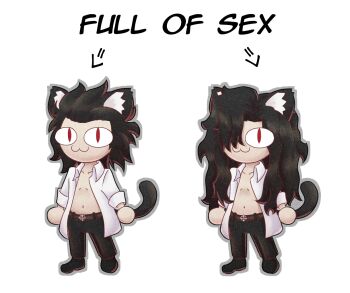 Rule 34 | 1boy, :3, animal ears, belt, black hair, black pants, cat boy, cat ears, cat tail, chibi, collared shirt, english text, hair over one eye, hair slicked back, looking at viewer, loveedgylords, michael roa valdamjong, neco spirit, open clothes, open shirt, pants, red eyes, shirt, shoes, simple background, tail, tsukihime, tsukihime (remake)