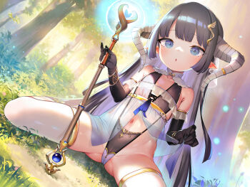 1girl black_hair blue_eyes blush cameltoe commentary_request curled_horns elbow_gloves fantasy flat_chest forest gloves gold_trim grass henreader highleg highleg_leotard highres holding holding_staff horns leotard loli long_hair looking_at_viewer nature navel open_mouth original outdoors pointy_ears see-through_clothes sitting solo staff thighhighs wariza white_thighhighs