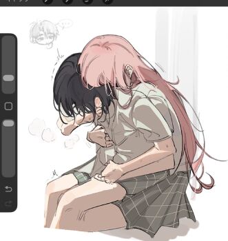 Rule 34 | 1boy, 2girls, alien stage, art program in frame, black hair, bulk cow, commentary, green skirt, hashtag-only commentary, ivan (alien stage), long hair, mizi (alien stage), multiple girls, official alternate costume, pink hair, plaid clothes, plaid skirt, school uniform, shirt, short hair, sitting, sitting on lap, sitting on person, skirt, sua (alien stage), trembling, white shirt, yuri