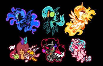 animal_focus baby_animal black_background cape chibi chibi_only commentary cozy_glow cutie_mark daybreaker_(my_little_pony) discord_(my_little_pony) english_commentary fire foal fur-trimmed_cape fur_trim highres horns horse king_sombra kyra_kupetsky merchandise_available my_little_pony my_little_pony:_friendship_is_magic nightmare_moon no_humans one_eye_closed open_mouth pegasus pony_(animal) princess_celestia princess_luna queen_chrysalis rearing red_eyes ringlets simple_background single_horn thick_lineart tongue tongue_out unicorn winged_unicorn wings