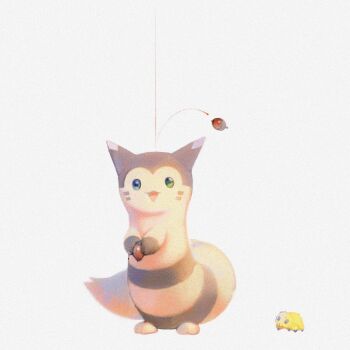 Rule 34 | acorn, animal focus, commentary, falling, full body, furret, gen 2 pokemon, gen 5 pokemon, highres, joltik, looking at viewer, nintendo, no humans, open mouth, pokemon, pokemon (creature), shiratsuyu mone, simple background, untranslatable commentary, white background