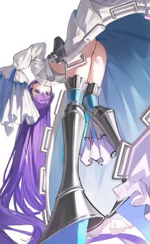 1girl absurdres ass blue_eyes coat commentary fate/grand_order fate_(series) from_behind from_below highres long_hair meltryllis_(fate) meltryllis_(third_ascension)_(fate) prosthesis prosthetic_leg purple_hair ryu_o sleeves_past_fingers sleeves_past_wrists symbol-only_commentary very_long_hair white_background white_coat