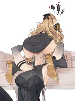 2girls arlecchino_(genshin_impact) babylo669 black_bow black_dress black_thighhighs blonde_hair bow breasts colored_extremities commentary couch cunnilingus dress drill_hair english_commentary genshin_impact hair_bow heart highres medium_breasts mole mole_on_thigh multiple_girls navia_(genshin_impact) on_couch oral pussy_juice_on_face thighhighs trembling white_background white_hair yuri