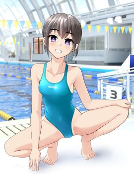 1girl absurdres barefoot black_hair blue_one-piece_swimsuit breasts cameltoe clothes_writing collarbone commentary_request competition_swimsuit covered_navel grin highleg highleg_one-piece_swimsuit highres indoors looking_at_viewer one-piece_swimsuit original parted_lips pool poolside purple_eyes short_hair small_breasts smile solo spread_legs squatting string_of_flags swimsuit takafumi tiptoes toes variant_set very_short_hair