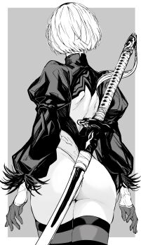 1girl 2b_(nier:automata) absurdres ass back_cutout clothing_cutout commentary feather_trim from_behind gloves grey_background greyscale hair_ornament hairband highleg highleg_leotard highres leotard long_sleeves monochrome nier:automata nier_(series) nishiii26miii puffy_sleeves short_hair simple_background solo sword symbol-only_commentary thighhighs thighs turtleneck virtuous_contract weapon weapon_on_back