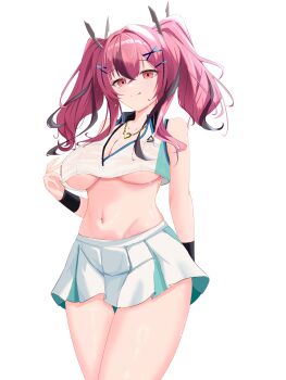 1girl absurdres arm_behind_back azur_lane bare_shoulders breasts bremerton_(azur_lane) bremerton_(scorching-hot_training)_(azur_lane) cleavage closed_mouth collarbone collared_shirt commentary cowboy_shot crop_top crop_top_overhang crossed_bangs grey_hair groin hair_between_eyes hair_intakes hair_ornament heart heart_necklace highres jewelry large_breasts long_hair looking_at_viewer mole mole_under_eye mororiko multicolored_hair navel necklace official_alternate_costume pink_eyes pink_hair pleated_skirt shirt sidelocks simple_background skirt sleeveless sleeveless_shirt smile solo sportswear standing stomach streaked_hair sweat tennis_uniform tongue tongue_out twintails two-tone_hair two-tone_shirt two-tone_skirt underboob wet wet_clothes wet_shirt white_background white_shirt white_skirt wristband x_hair_ornament