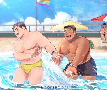Rule 34 | 3boys, abs, absurdres, bara, black male swimwear, blush, boori boori99, bulge, commission, dark-skinned male, dark skin, day, ear piercing, facial hair, fat, fat man, happy, highres, large pectorals, lifeguard, male focus, male swimwear, multiple boys, nipples, original, pectorals, piercing, rainbow flag, short hair, sideburns, sitting, splashing, standing, stubble, sunlight, swim briefs, swim trunks, thick eyebrows, thick thighs, thighs, topless male, wading, yaoi, yellow male swimwear