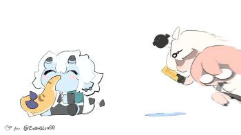 3girls animal_ear_fluff black_horns blue_skin colored_skin eating glasses highres horns jacket ju_fufu multiple_girls oni pink_hair pointy_ears red_eyes running sharing shirt short_hair sidelocks simple_background skin-covered_horns soukaku_(zenless_zone_zero) sparkling_eyes symbol-shaped_pupils tsukishiro_yanagi v.a._(vanilla) white_background white_hair white_shirt yixuan_(zenless_zone_zero) zenless_zone_zero