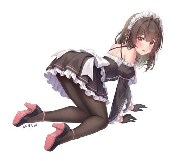 1girl all_fours antenna_hair artist_name back_bow black_dress black_gloves black_pantyhose black_shoes black_sleeves blush bow breasts brown_eyes brown_hair chinese_commentary colored_shoe_soles commentary_request detached_sleeves dress frilled_dress frilled_sleeves frills from_side gloves high_heels highres large_breasts long_hair looking_at_viewer maid maid_headdress open_mouth original pantyhose shoes simple_background solo strappy_heels turning_head white_background white_bow xnnagu