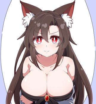 1girl animal_ears bare_shoulders breasts bright_pupils brown_hair collarbone commentary_request hiro_(pqtks113) imaizumi_kagerou large_breasts long_hair looking_at_viewer red_eyes smile solo touhou upper_body white_pupils wolf_ears wolf_girl