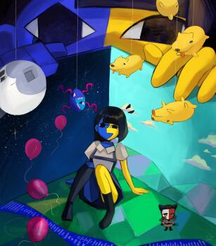 2girls :d asymmetrical_hair asymmetrical_legwear balloon black_eyes black_hair black_skirt black_socks blue_skin blunt_bangs clone cloud code collared_shirt colored_skin commentary day_and_night detached_arm detached_hair dog ena_(ena) ena_(series) ena_(species) ena_(web_series) english_commentary floating_head full_body hands_on_ground happy happy_ena highres hourglass_dog kneehighs knees_together_feet_apart knees_up long_hair looking_ahead looking_at_viewer low_poly mask moony_(ena) multicolored_skin multiple_girls open_mouth parted_bangs peeking_out shirt short_sleeves signature sitting skirt sky_print smile socks split-color_skin star_(sky) star_(symbol) star_in_eye starry_sky_print string symbol_in_eye teeth the_shepherd_(ena) tongue tongue_out two-tone_skin upskirt usagimarumei wallpaper_(object) whiskers white_shirt wing_collar yellow_eyes yellow_skin