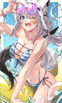 1girl absurdres adjusting_eyewear animal_ear_fluff animal_ears bikini blue_bikini blue_eyes breasts cleavage eyewear_on_head fox_ears fox_girl fox_tail grey_hair highres hololive long_hair looking_at_viewer medium_breasts one_eye_closed ooike_teru open_mouth shirakami_fubuki smile solo striped_bikini striped_clothes sunglasses swimsuit tail virtual_youtuber