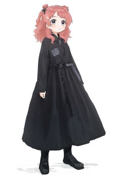 1girl belt black_belt black_boots black_bow black_dress black_ribbon blue_eyes blush boots bow breasts closed_mouth collared_dress commentary_request dress earrings flower_earrings full_bod full_body gakuen_idolmaster hair_bow hair_ornament hair_ribbon hair_rings hanami_saki highres idolmaster jewelry lace-up_boots looking_at_viewer medium_breasts medium_hair nendo23 red_hair ribbon simple_background solo standing two_side_up white_background